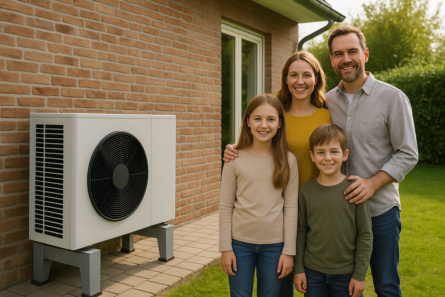 Ein Haus im Hintergrund mit einer Wärmepumpe im Vordergrund eine Familie mit Kindern