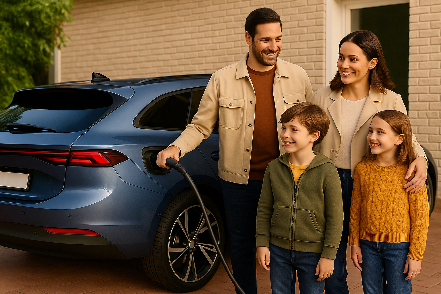 Eine Familie mit einem EAuto