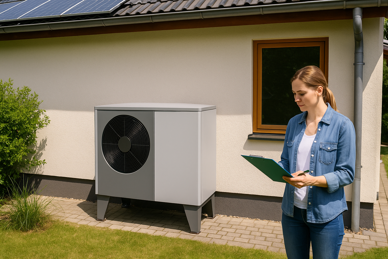 Ein Haus im Hintergrund mit PV und einer Wärmepumpe. Im Vordergrund eine Frau mit einem Brett in der Hand für Notizen