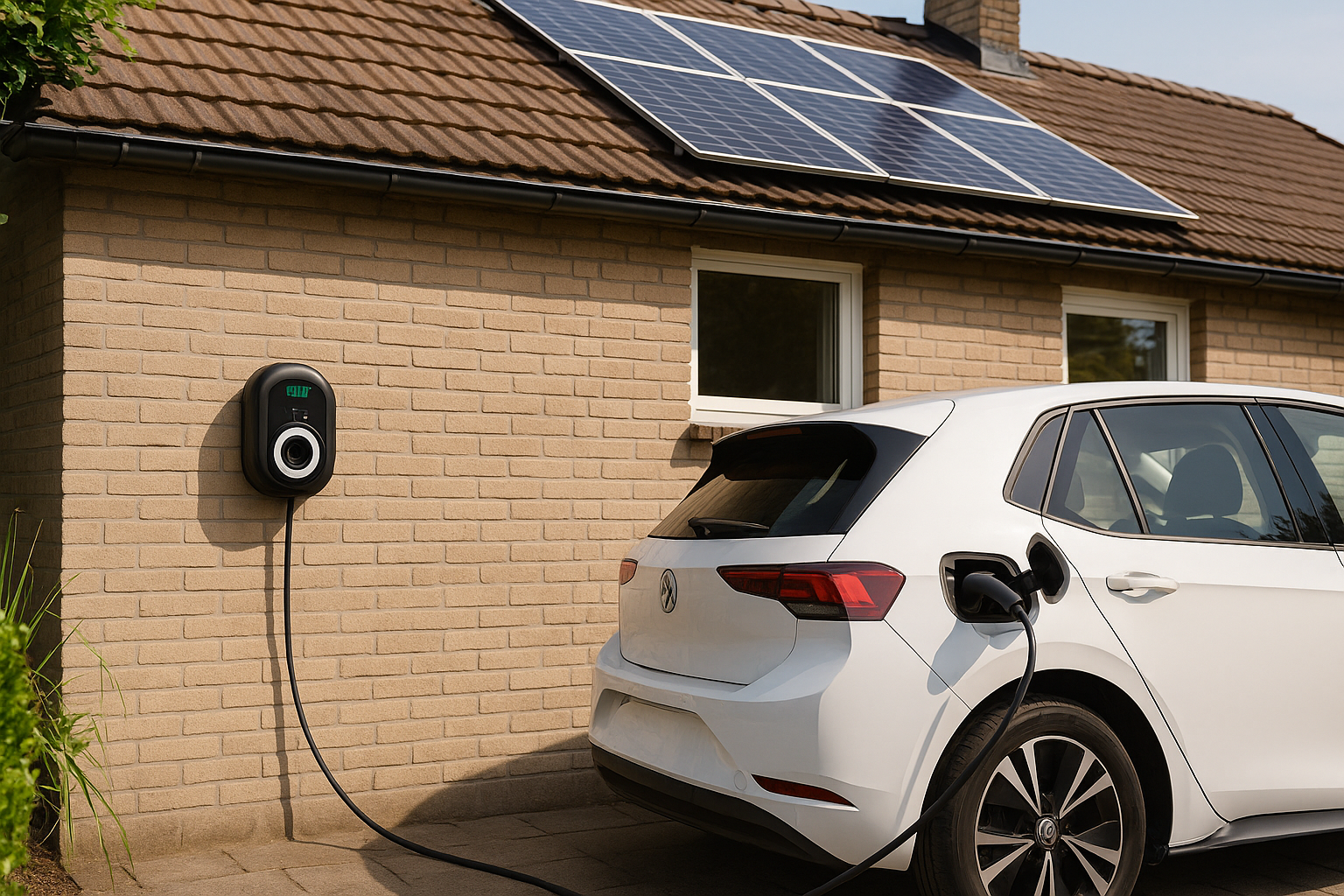 E-Auto, das an einer Wallbox geladen wird, die am Haus hängt