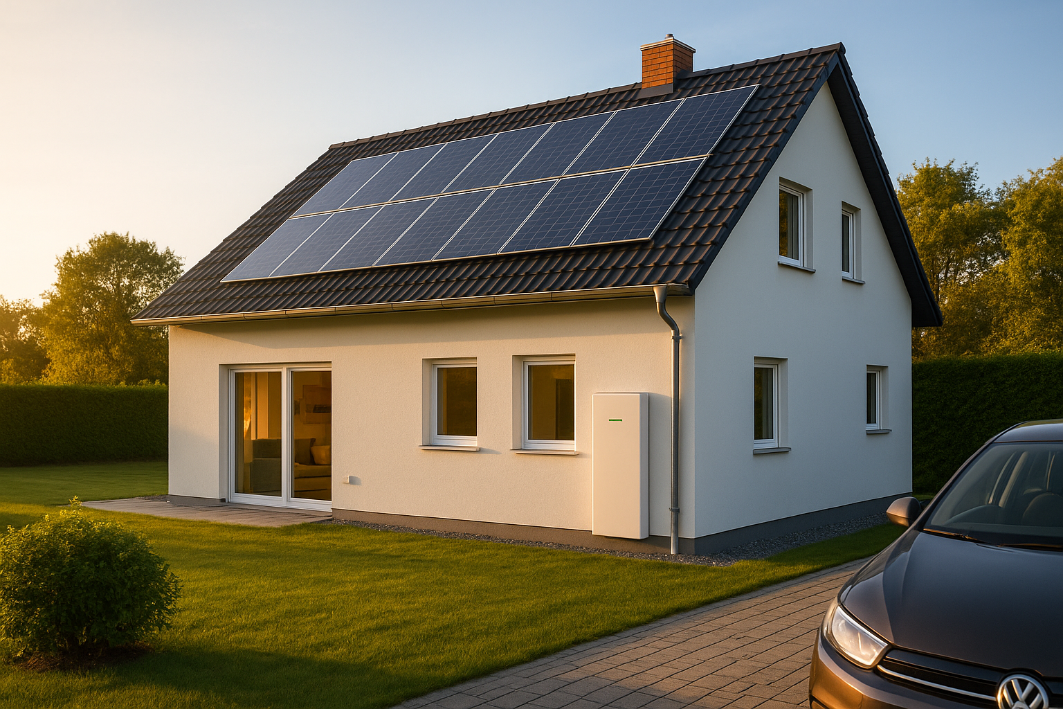 Ein Haus mit Photovoltaikanlagen auf dem Dach. Vorne sieht man ein halb abgeschnittenes Auto.
