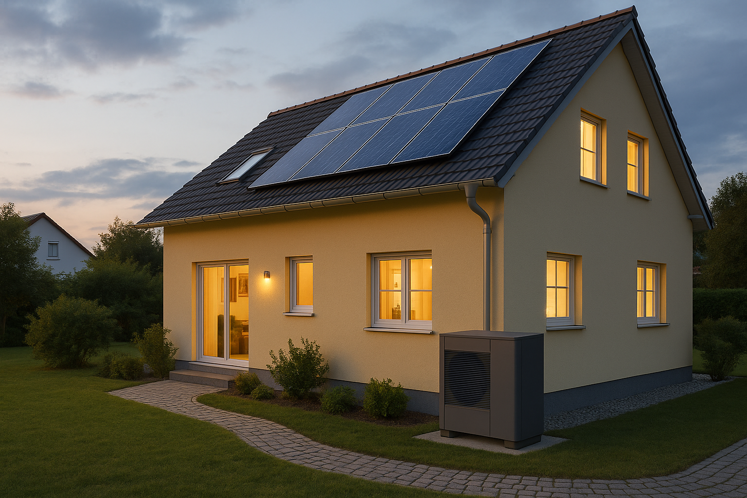 Ein Haus mit Photovoltaik und einer Wärmepumpe
